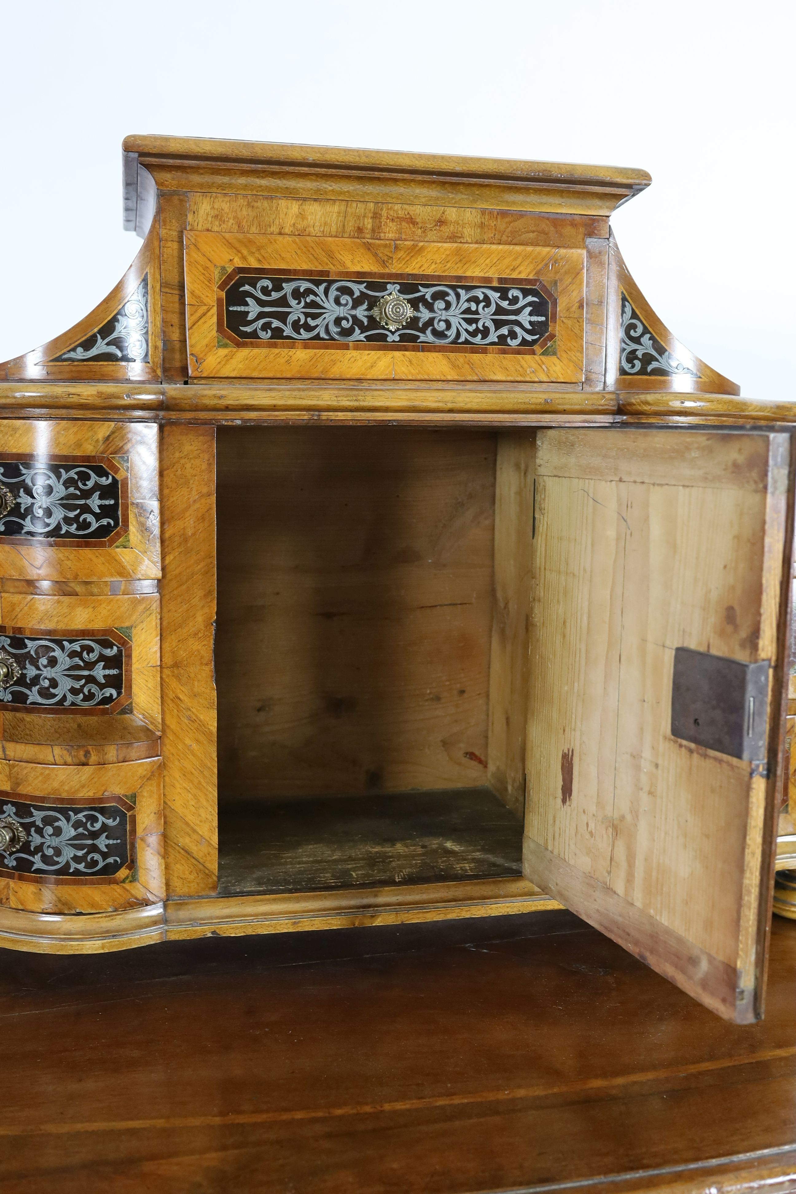 A South German walnut and cut pewter inlaid commode and matching tabernacle, second quarter 18th century, W.113cm D.57cm H.150cm